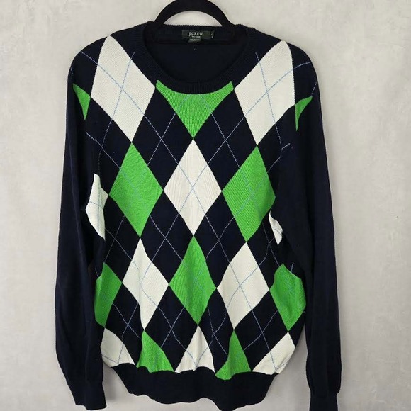 J Crew Mens Argyle Sweater Navy Green White Pima Cotton L Classic Preppy - Picture 2 of 6